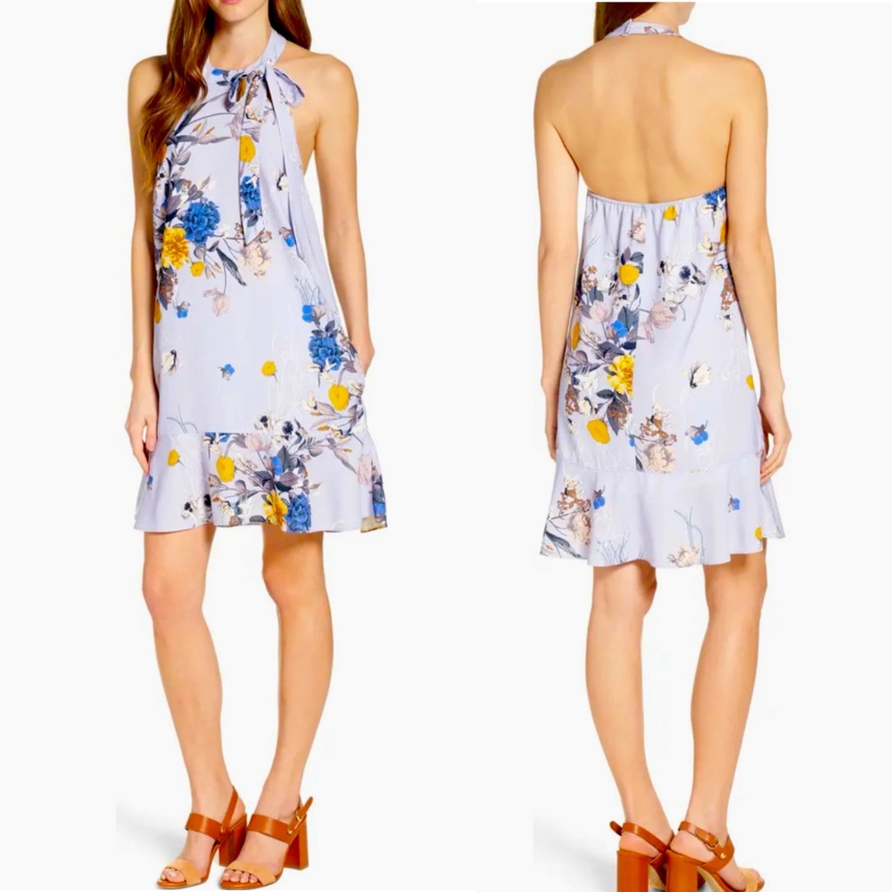 Floral Halter Neck Dress - Blue and Yellow